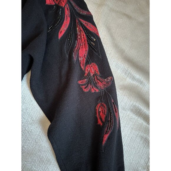 STUNNING Chico's Sweater Black Red Floral Embroidered Christmas Holiday Sz 3 XL‎ - Picture 11 of 16